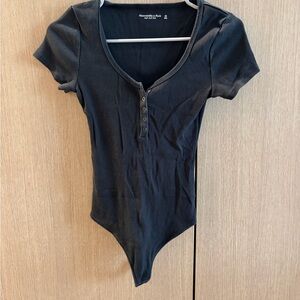 Abercrombie & Fitch Black Ribbed Henley Short Sleeve Bodysuit